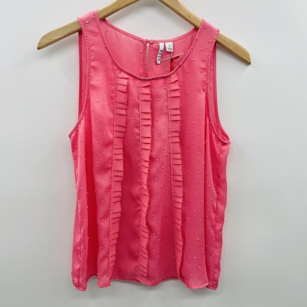 Elle Womens Size Small Sleeveless Swiss Dot Ruffled Blouse in Pink‎ $34 1779